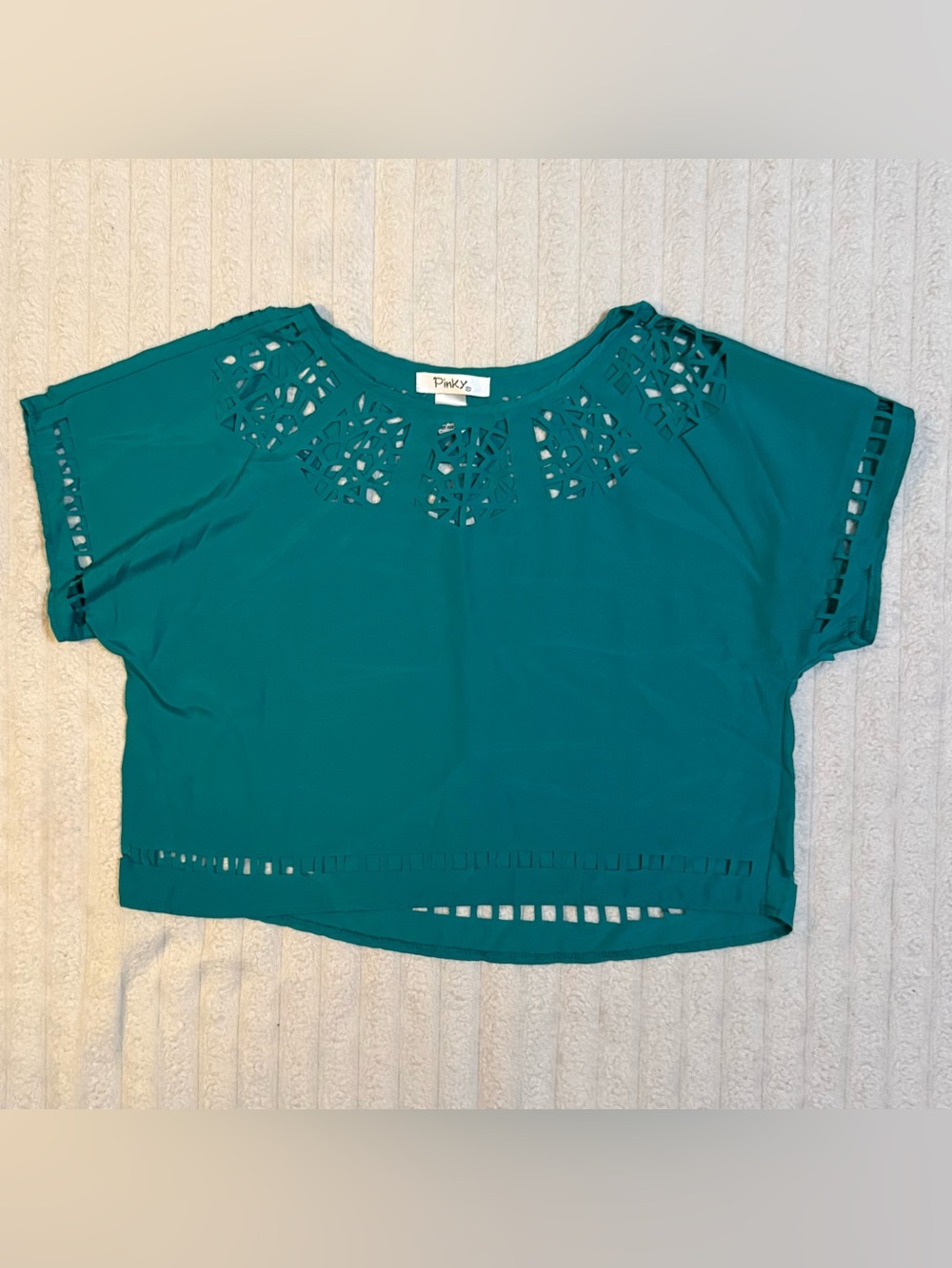 Pinky Brand Teal Crop Top Laser Cut Detail Boho Boxy Fit